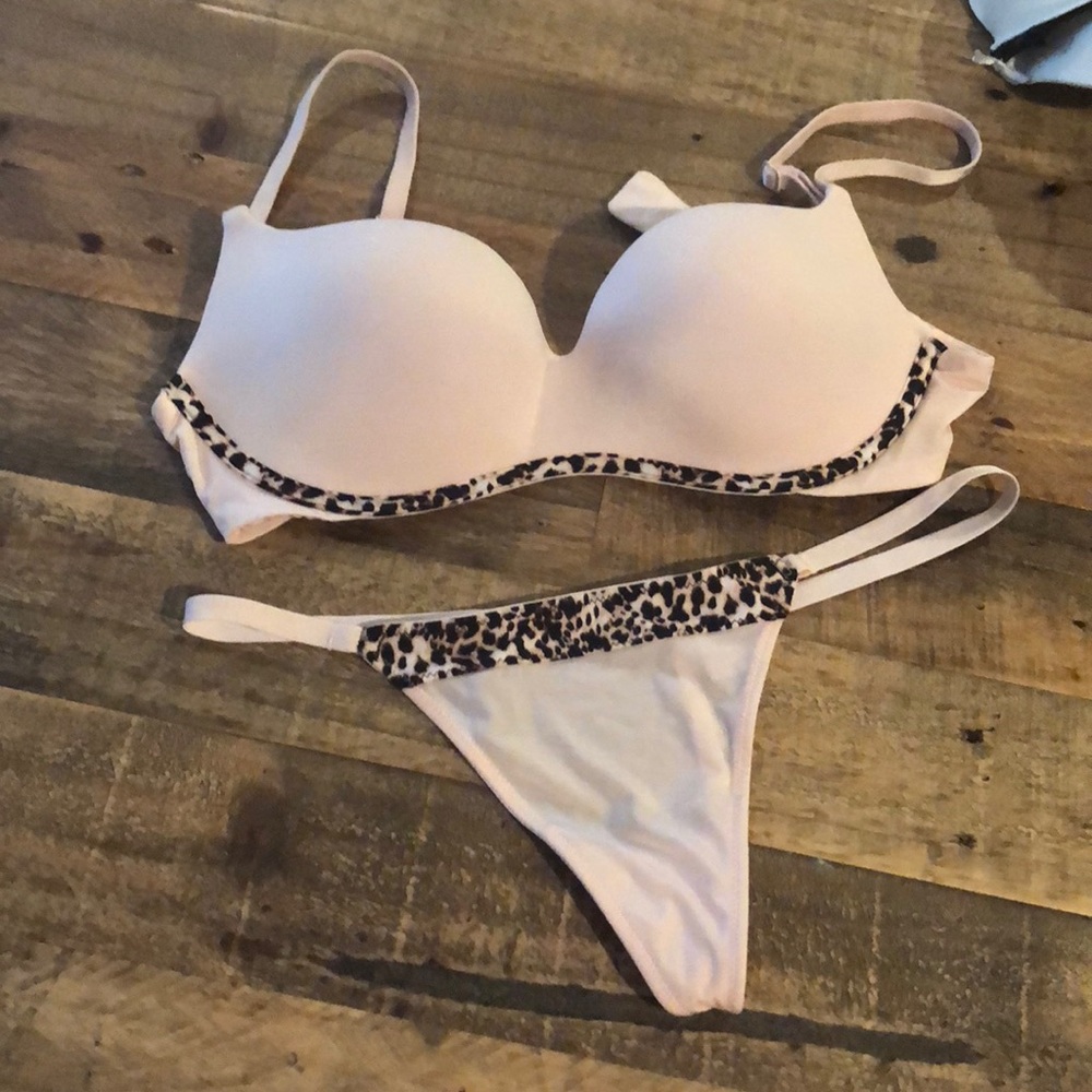 Light Pink Nude with leopard trim bra set